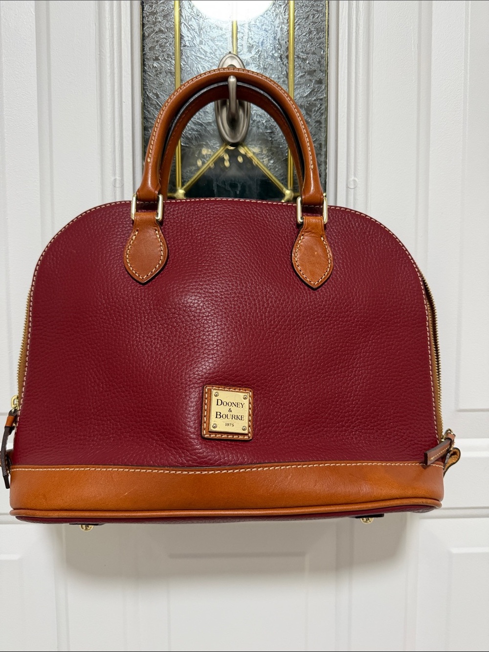 Dooney & Bourke Burgundy and Tan Leather Dome Satchel with Gold Logo